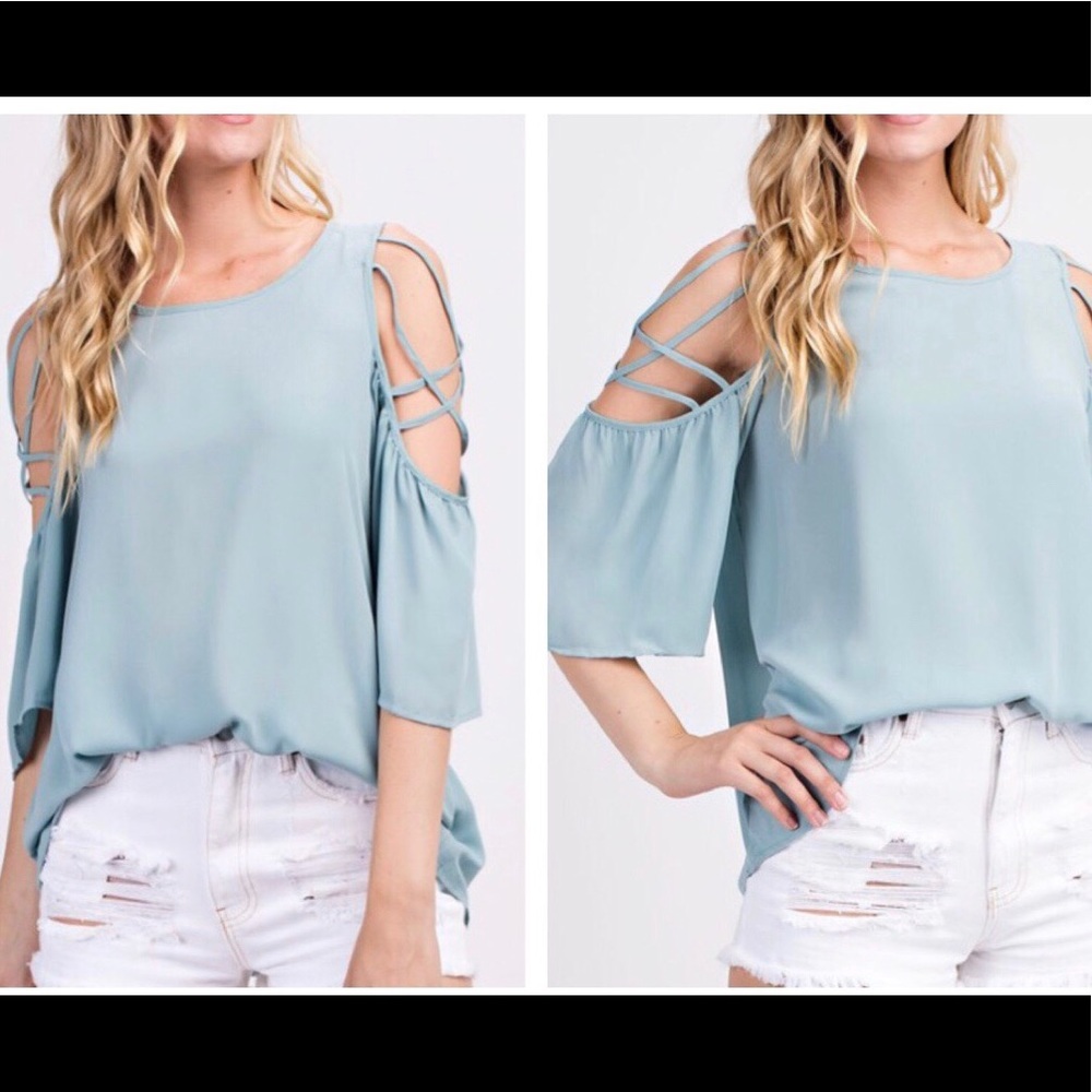 LAST ONE~ Sea Mist Strappy Cold Shoulder Blouse